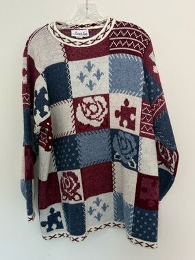 Vintage Patchwork Symbol Crewneck Sweater Red Blue Cream Size L/XL